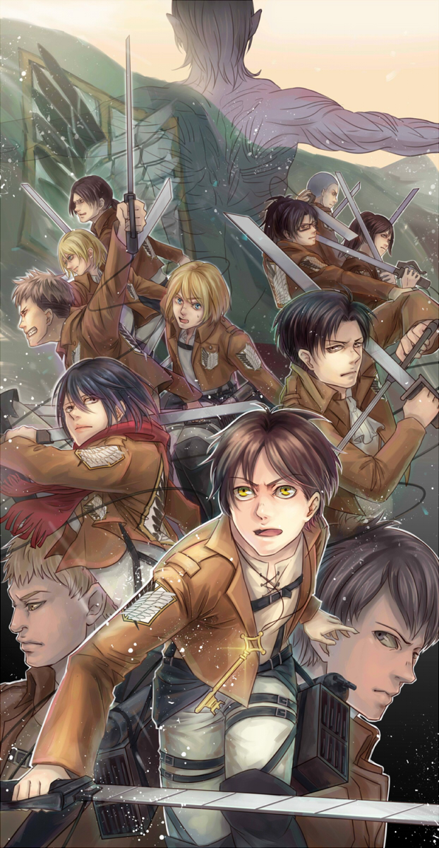 6+boys annie_leonhardt armin_arlert bertolt_hoover christa_renz connie_springer emblem eren_yeager giant hange_zoe highres jean_kirchstein lankonves levi_(shingeki_no_kyojin) mikasa_ackerman multiple_boys multiple_girls paradis_military_uniform reiner_braun rogue_titan sasha_braus scarf shingeki_no_kyojin survey_corps_(emblem) sword three-dimensional_maneuver_gear weapon ymir_(shingeki_no_kyojin)