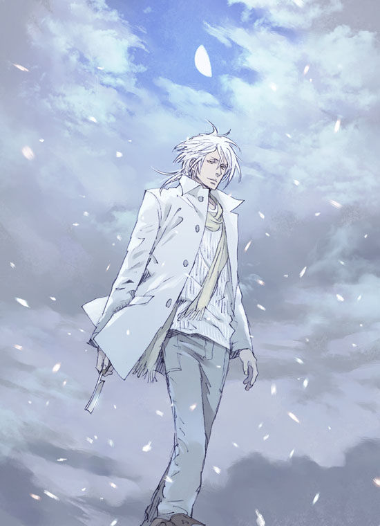 1boy buttons closed_mouth cloud day denim falling_petals grey_pants hitaki_(tempo) holding jacket jeans long_sleeves makishima_shougo male_focus outdoors pants petals psycho-pass scarf shirt short_hair sky solo standing white_hair white_jacket white_shirt