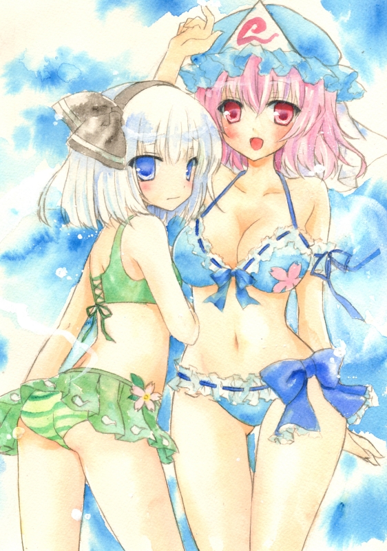 alternate_costume ass bikini blue_eyes blush bow breasts cherry_blossoms cleavage collarbone floral_print flower gradient gradient_background hair_ribbon hand_on_own_head hat konpaku_youmu large_breasts light_frown looking_at_viewer looking_back marker_(medium) mob_cap multiple_girls open_mouth pink_eyes pink_hair rano_(u_rano) ribbon saigyouji_yuyuko short_hair striped striped_bikini striped_swimsuit swimsuit thigh_gap touhou traditional_media triangular_headpiece watercolor_(medium) white_hair