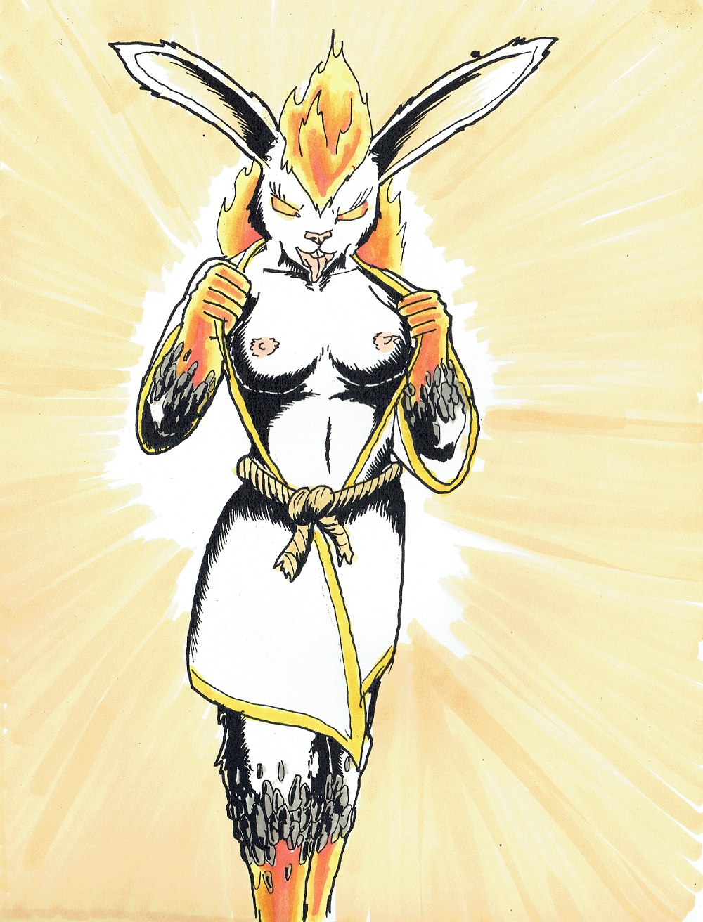 anthro breasts elemental_creature female fire flashing flashing_breasts hi_res lagomorph leporid mammal mera mystical nipples nyghtmar3 rabbit simple_background solo traditional_media_(artwork)