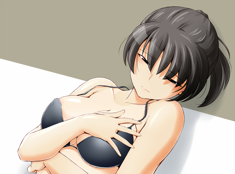 amagami areola_slip areolae bikini_top black_eyes black_hair blush breasts covering covering_breasts medium_breasts sasaki_akira_(ugc) shiny shiny_skin solo tsukahara_hibiki