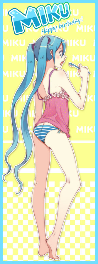 aqua_eyes aqua_hair barefoot camisole character_name full_body happy_birthday hatsune_miku legs long_hair open_mouth panties sai9007 solo striped striped_panties toothbrush twintails underwear very_long_hair vocaloid
