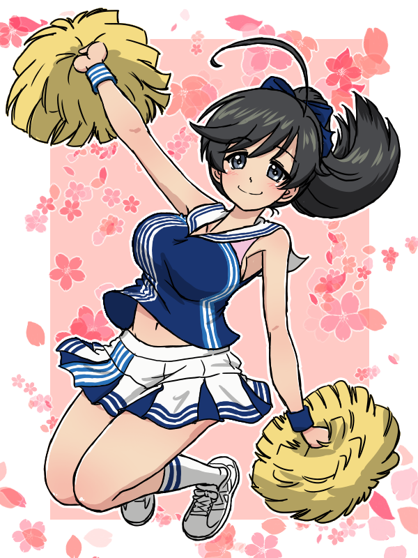1girl ahoge alternate_costume alternate_hairstyle arm_up black_eyes black_hair blue_bow blue_shirt bow cheerleader cherry_blossoms closed_mouth clothes_lift commentary floral_print full_body girls_und_panzer hair_bow hair_up holding holding_pom_poms isuzu_hana jumping lawson legs_up long_hair looking_at_viewer midriff miniskirt navel outline pink_background pleated_skirt pom_pom_(cheerleading) sailor_collar shirt shirt_lift shoes skirt skirt_lift sleeveless sleeveless_shirt smile sneakers socks solo takahashi_kurage textless_version white_footwear white_outline white_sailor_collar white_skirt white_socks wind wind_lift wristband