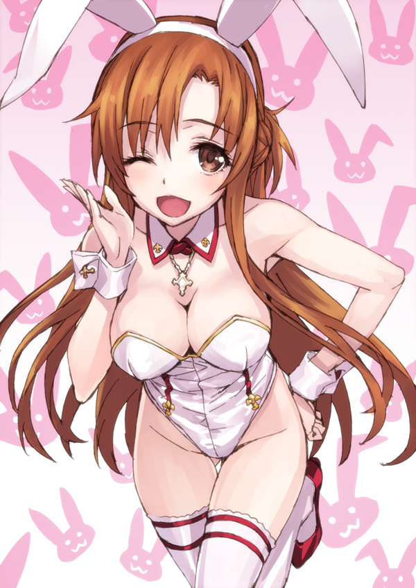 :3 ;d adapted_costume animal_ears asuna_(sao) bare_shoulders blush breasts brown_eyes brown_hair bunny_ears bunny_girl bunnysuit cleavage cross detached_collar fake_animal_ears hand_on_hip highleg jewelry large_breasts long_hair looking_at_viewer matsuryuu necklace one_eye_closed open_mouth smile solo sword_art_online thigh_gap thighhighs white_legwear wrist_cuffs