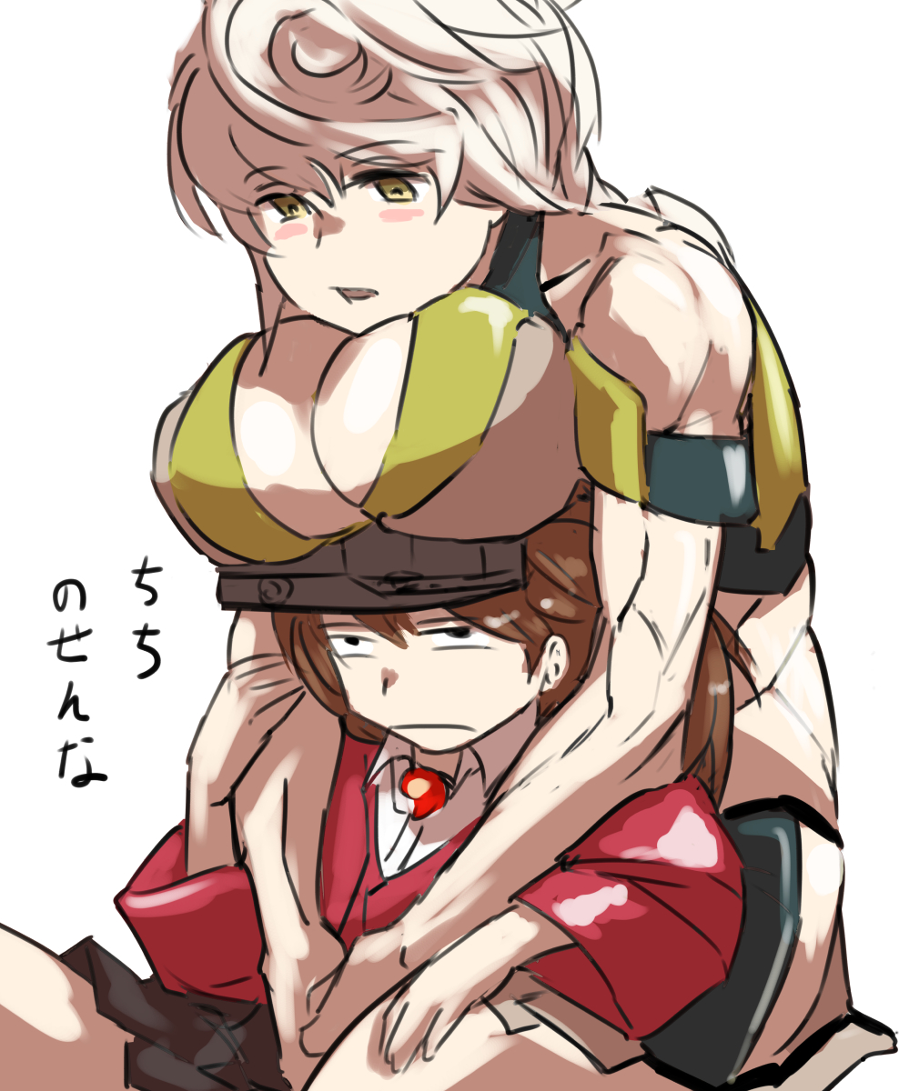 2girls black_skirt braid breast_envy breast_rest breasts breasts_on_head brown_hair cleavage cleavage_cutout clothing_cutout collared_shirt commentary_request dress_shirt highres kantai_collection large_breasts long_hair magatama megakura_kinshi multiple_girls pleated_skirt red_shirt ryuujou_(kancolle) shirt single_braid skirt translation_request unryuu_(kancolle) white_hair white_shirt yellow_eyes