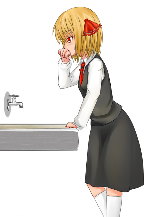 anatria_emiri arm_support bad_id bad_pixiv_id blonde_hair faucet from_side hair_ribbon profile red_eyes ribbon rumia short_hair simple_background solo touhou white_background