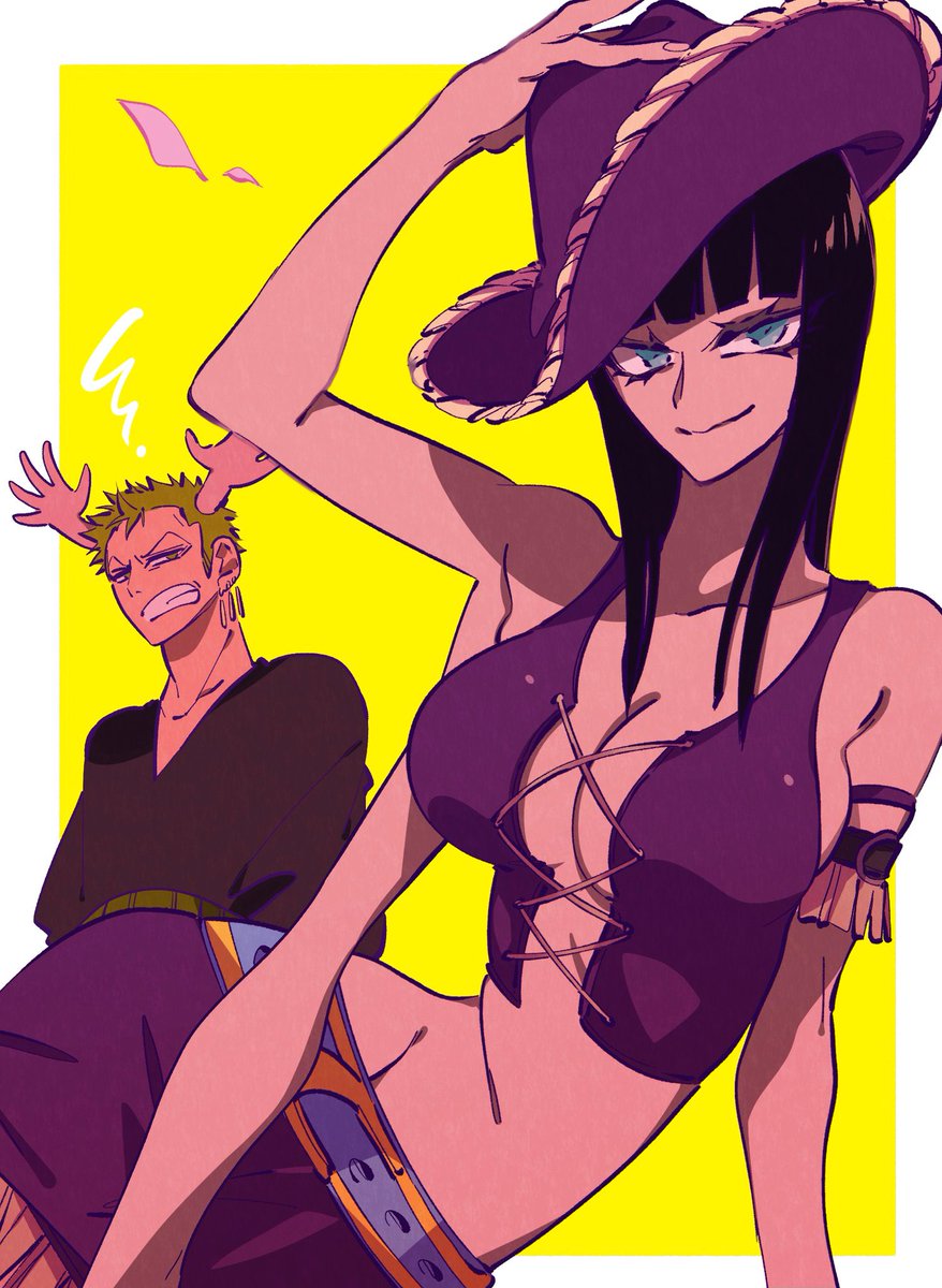 1boy 1girl armlet bad_id bad_twitter_id belt black_hair blue_eyes blunt_bangs border breasts cleavage clenched_teeth closed_mouth earrings extra_hands eyelashes green_eyes green_hair hand_on_headwear haramaki highres jewelry looking_at_viewer nico_robin one_piece petals purple_headwear purple_skirt robe roronoa_zoro short_hair sideburns skirt smile squiggle teeth v-shaped_eyebrows white_border wl6yugi8go1 yellow_background
