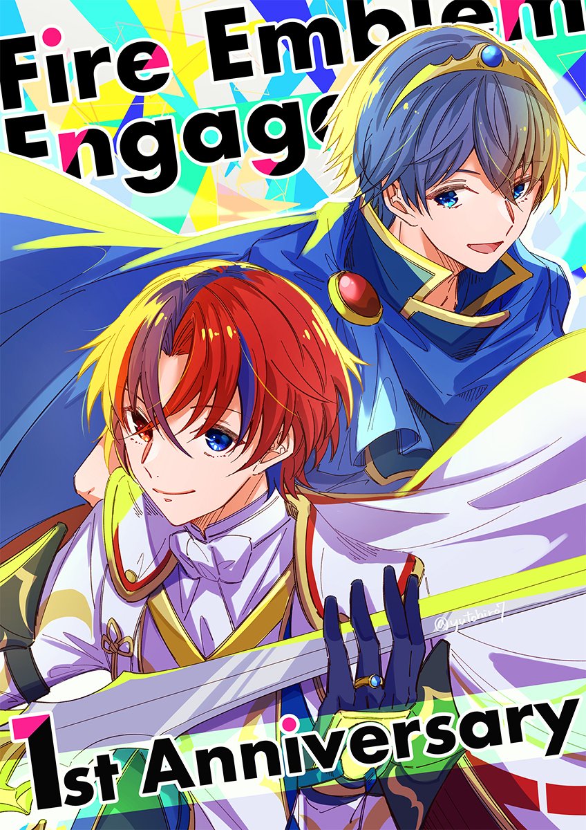 2boys alear_(fire_emblem) alear_(male)_(fire_emblem) blue_cape blue_eyes blue_hair cape closed_mouth crossed_bangs fire_emblem fire_emblem:_mystery_of_the_emblem fire_emblem_engage gloves hair_between_eyes highres holding holding_sword holding_weapon looking_at_viewer male_focus marth_(fire_emblem) multiple_boys open_mouth red_eyes red_hair short_hair smile sword tiara weapon white_cape yutohiroya