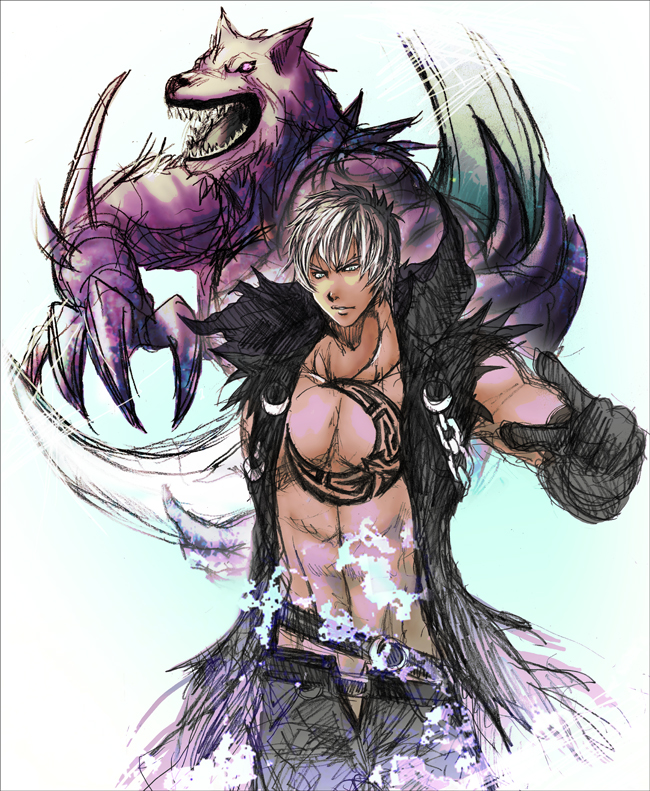 1boy belt black_hair chest gloves looking_at_viewer open_fly pointing silver_hair soul_calibur soulcalibur_v tattoo unzipped vest wolf zwei_(soulcalibur)