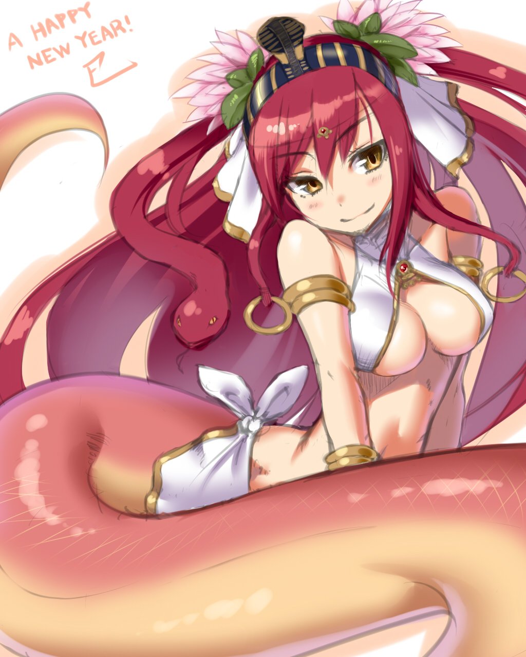 armlet bare_shoulders bracelet breasts cleavage highres jewelry kakaon lamia long_hair medium_breasts monster_girl new_year original red_hair smile snake snake_tail solo tail yellow_eyes