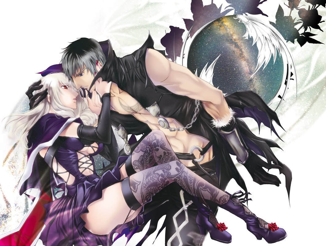 1boy 1girl black_hair boots breasts chest cleavage coco_(eccentricrouge) dress eye_contact garter_straps gloves grey_hair high_heel_boots high_heels lace large_breasts looking_at_another multicolored_hair muscle nail_polish open_clothes purple_dress red_eyes red_nails soul_calibur soulcalibur_v thighhighs vest viola_(soulcalibur) white_hair zwei_(soulcalibur)