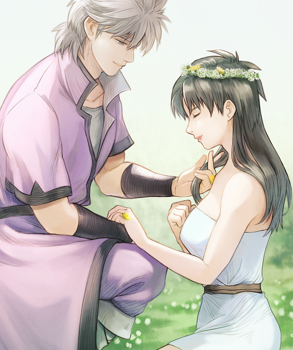 1boy 1girl arm_guards b-saku bare_arms bare_shoulders belt blurry breasts coat couple day depth_of_field dragon_quest dragon_quest_dai_no_daibouken dress eimi_(dai_no_daibouken) facing_another field flower flower_field flower_ring flower_wreath from_side grey_hair hands_up head_wreath hetero highres holding_another's_hair hyunkel long_hair looking_at_another nature on_one_knee pants profile purple_coat purple_pants short_hair short_sleeves smile white_dress white_flower