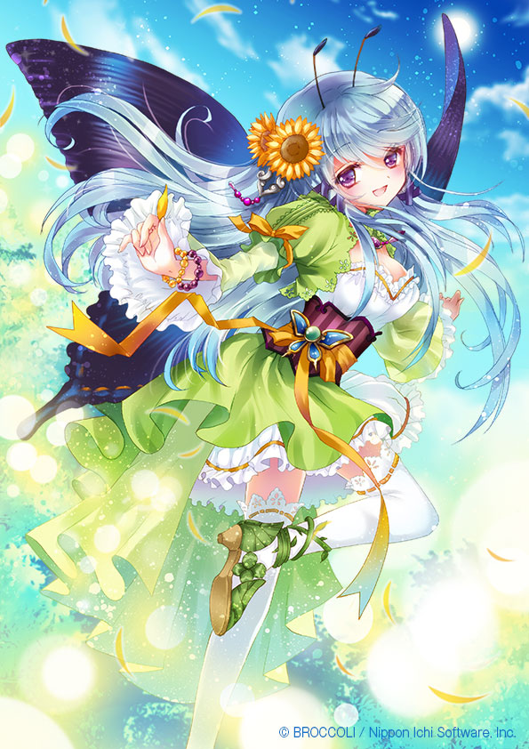 1girl :d antennae blue_hair blue_sky butterfly_girl butterfly_wings copyright_notice dress e~ji flower frilled_dress frills green_dress hair_flower hair_ornament insect_wings light_blue_hair long_hair official_art purple_eyes sky smile solo sunflower sunflower_hair_ornament thighhighs white_thighhighs wings z/x