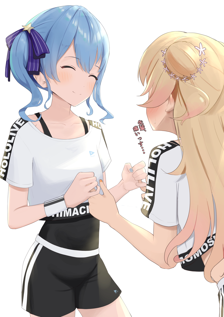 2girls black_leotard black_shorts blonde_hair blue_eyes blue_hair blush breasts character_name clothes_lift copyright_name crop_top crop_top_overhang double_bun flower hair_bun hair_flower hair_ornament highres hololive hololive_dance_practice_uniform hoshimachi_suisei leotard long_hair midriff momosuzu_nene multicolored_hair multiple_girls official_alternate_costume open_mouth shirt shirt_lift shorts small_breasts taachika virtual_youtuber white_shirt white_wristband workout_clothes