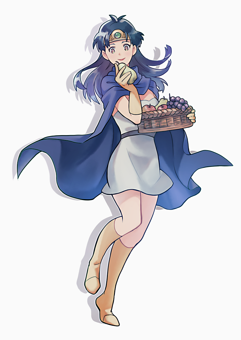 1girl apple b-saku basket belt blue_cloak blue_hair boots cloak closed_mouth dragon_quest dragon_quest_dai_no_daibouken dress drop_shadow eimi_(dai_no_daibouken) floating_hair food forehead_protector fruit full_body gem gloves grapes green_gemstone hand_up holding holding_basket holding_food holding_fruit knee_boots long_hair looking_at_viewer pear short_dress simple_background smile solo standing standing_on_one_leg strapless strapless_dress white_background white_dress yellow_footwear yellow_gloves