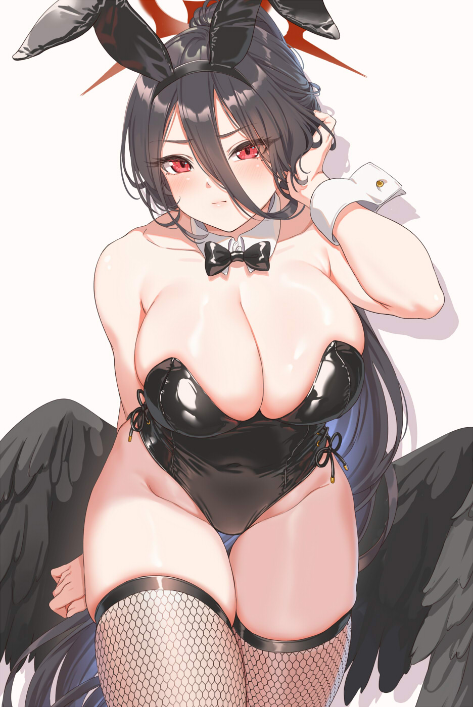 1girl alternate_costume animal_ears arm_behind_back bare_arms bare_shoulders black_bow black_bowtie black_hair black_hairband black_leotard black_thighhighs blue_archive bow bowtie breasts cleavage closed_mouth collarbone cowboy_shot detached_collar fake_animal_ears fangxiang_cuoluan hair_between_eyes hairband halo hand_up hasumi_(blue_archive) highleg highleg_leotard highres large_breasts leotard long_hair looking_at_viewer low_wings playboy_bunny ponytail rabbit_ears red_eyes red_halo simple_background solo thigh_gap thighhighs thighs very_long_hair white_background wings wrist_cuffs