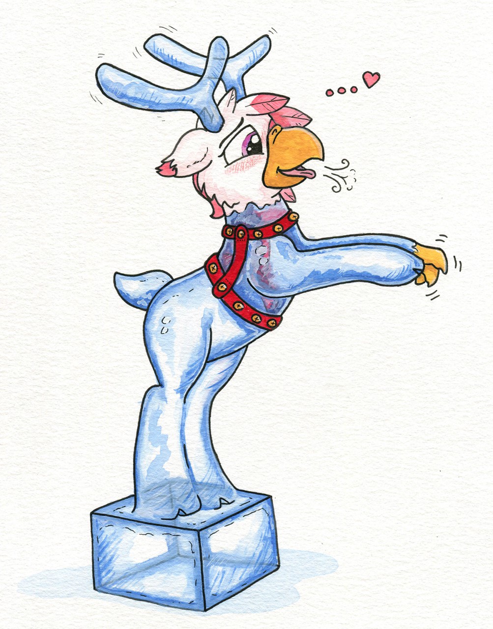 &lt;3 antlers avian beak bell bell_harness blue_body blush blush_lines breath deer ellipsis european_mythology feathers female feral foxxy_(foxxy-tf) greek_mythology harness hasbro hi_res hippogriff horn icaron ice_block ice_body ice_sculpture inanimate_transformation jingle_bell jingle_bell_harness mammal mid_transformation motion_lines my_little_pony mythological_avian mythology new_world_deer open_mouth petrification pink_body pink_ear_tips pink_feathers purple_eyes reindeer solo species_transformation story story_at_source story_in_description talon_hands transformation translucent translucent_body