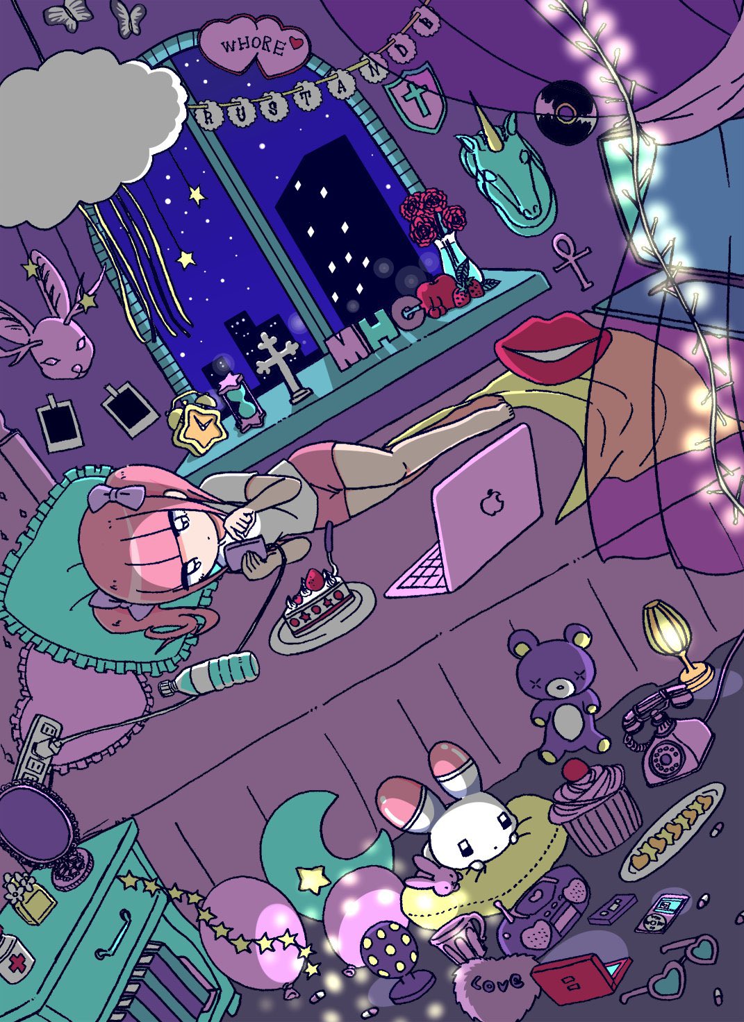 1girl alarm_clock animal ankh antique_phone balloon bed bed_sheet blanket blunt_bangs book boombox bottle bow bug building butterfly cable cake cellphone charger cityscape clock cloud computer crescent cross curtains digital_media_player ezaki_bisuko flower food fork fruit glass green-tinted_eyewear hair_bow heart heart-shaped_eyewear heart-shaped_pillow highres holding holding_phone hourglass ipod lamp laptop lips menhera-chan_(ezaki_bisuko) menhera-chan_(ezaki_bisuko)_(character) mirror night night_sky on_bed phone photo_(object) pillow pink-framed_eyewear pink_hair pink_shorts plate plug profanity purple_bow rabbit red_flower rotary_phone shield short_twintails shorts sidelocks sky skyscraper smartphone star_(sky) star_(symbol) strawberry string_of_flags stuffed_animal stuffed_toy taxidermy teddy_bear tinted_eyewear transparent_curtains twintails usatan_(ezaki_bisuko) vase water_bottle white_shorts window