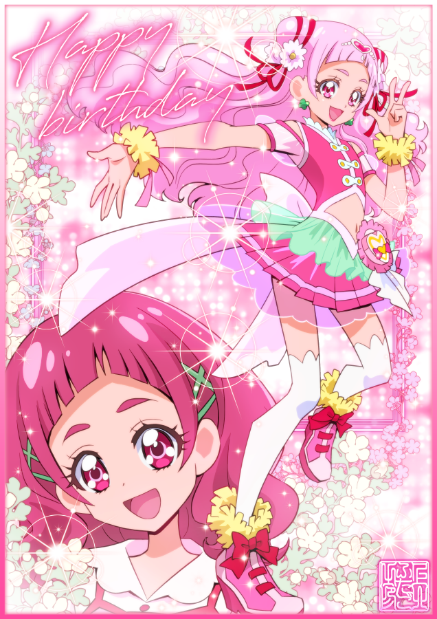 1girl artist_logo back_bow bow clover_earrings cone_hair_bun cure_yell flower four-leaf_clover_earrings full_body hair_bun hair_flower hair_ornament hair_ribbon happy_birthday heart heart_hair_ornament heart_pouch hugtto!_precure kamikita_futago layered_skirt long_hair magical_girl navel nono_hana open_mouth pink_eyes pink_footwear pink_hair pink_shirt pink_skirt precure ribbon shirt short_hair skirt smile thick_eyelashes thighhighs waist_brooch white_thighhighs