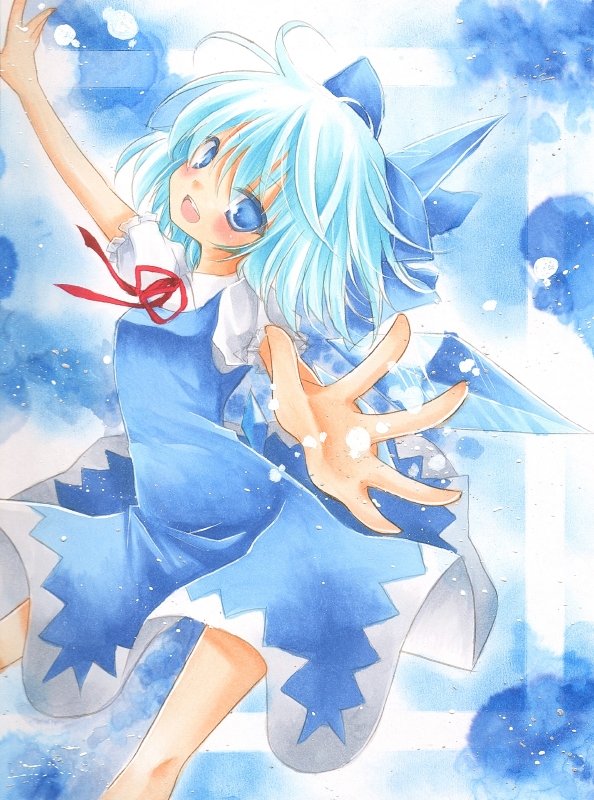 blue_eyes blue_hair bow cirno dress gradient gradient_background hair_bow head_tilt looking_at_viewer marker_(medium) open_hands open_mouth outstretched_arms rano_(u_rano) ribbon short_hair solo spread_arms touhou traditional_media watercolor_(medium) wings