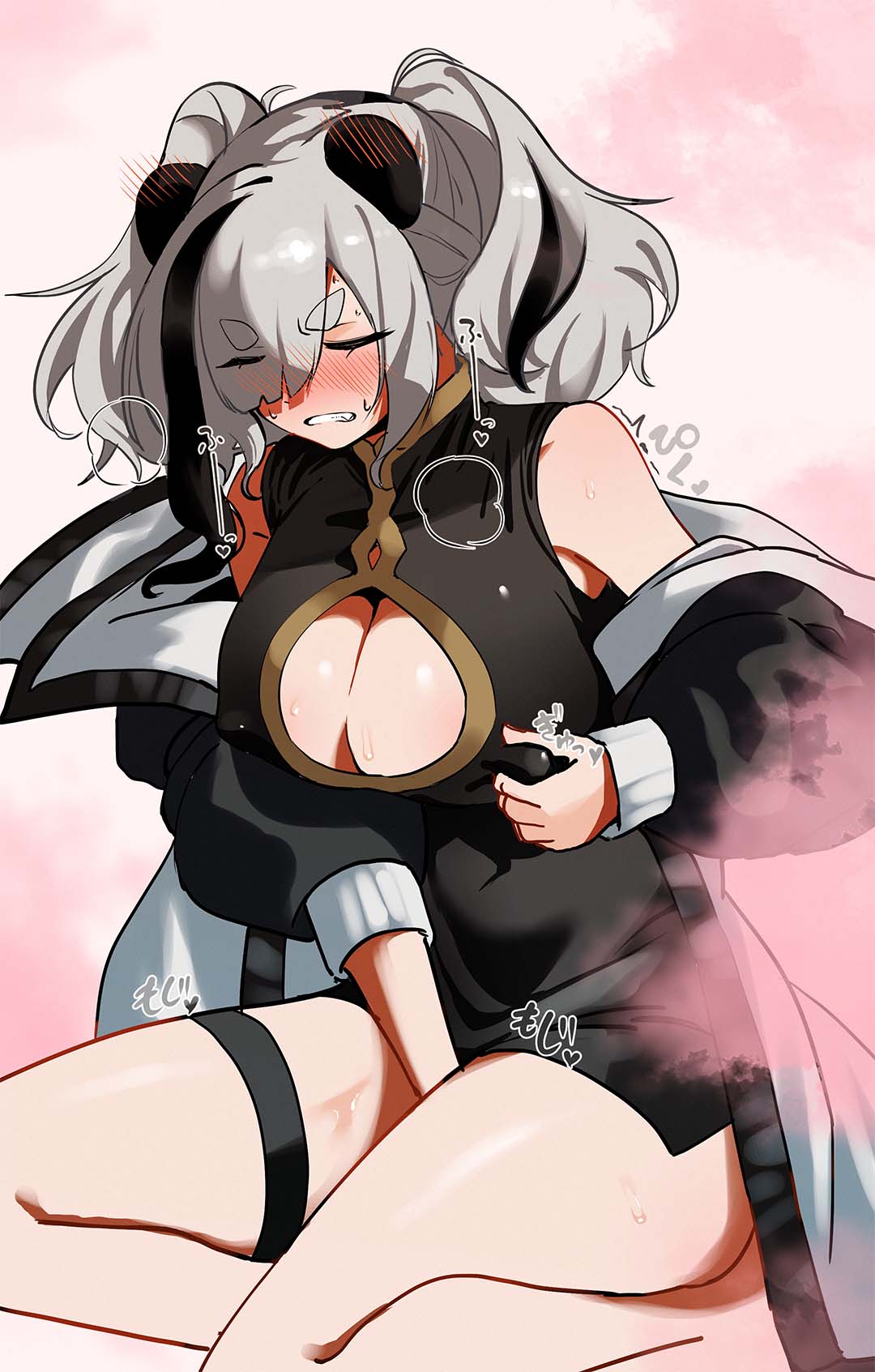 1girl animal_ears arknights bare_shoulders black_dress black_ears black_hair blush breasts china_dress chinese_clothes cleavage clenched_teeth closed_eyes dress ert_raitsui feater_(arknights) grey_hair highres jacket large_breasts masturbation nipple_pull open_clothes open_jacket panda_ears panda_girl pink_background solo sweat teeth thick_thighs thigh_strap thighs two_side_up