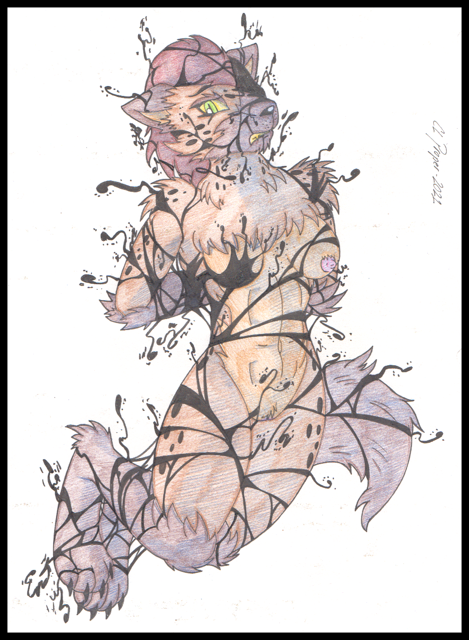 2021 anthro autumn_williams black_border border breasts cougar_leon duo feet female female/female fur genitals hair hi_res humanoid hyena hysteria_klyntar mammal markings marvel nipples nude paws pussy simple_background spots spotted_body spotted_fur spotted_hyena symbiote tail text traditional_media_(artwork) were werehyena