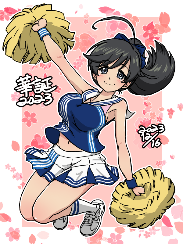 1girl 2023 ahoge alternate_costume alternate_hairstyle arm_up birthday black_eyes black_hair blue_bow blue_shirt bow character_name cheerleader cherry_blossoms closed_mouth clothes_lift commentary dated floral_print full_body girls_und_panzer hair_bow hair_up holding holding_pom_poms isuzu_hana jumping lawson legs_up long_hair looking_at_viewer midriff miniskirt navel outline pink_background pleated_skirt pom_pom_(cheerleading) sailor_collar shirt shirt_lift shoes skirt skirt_lift sleeveless sleeveless_shirt smile sneakers socks solo takahashi_kurage translated white_footwear white_outline white_sailor_collar white_skirt white_socks wind wind_lift wristband