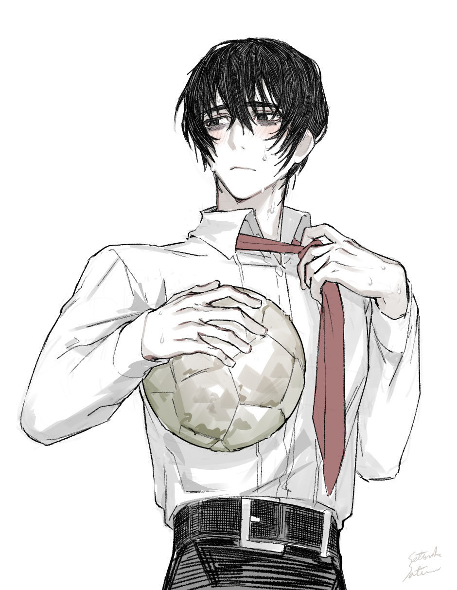 1boy belt black_belt black_pants blush closed_mouth collared_shirt highres limbus_company necktie necktie_grab neckwear_grab pants project_moon red_necktie satome_setsuko shirt simple_background solo sweat upper_body volleyball white_background white_shirt yi_sang_(project_moon)