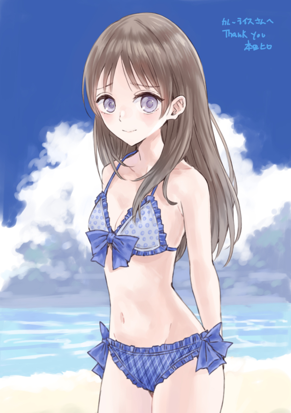 1girl atelier_(series) atelier_totori bikini brown_hair closed_mouth cloud commission hondahiro long_hair looking_at_viewer navel skeb_commission smile solo swimsuit totooria_helmold