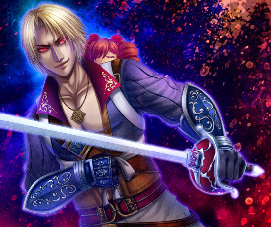 1boy 1girl amy_sorel blonde_hair byuune drill_hair eyes_closed flower gloves glowing glowing_eyes hair_flower hair_ornament jewelry necklace no_mask raphael_sorel rapier red_eyes red_hair rose smirk soul_calibur soulcalibur_iv sword weapon