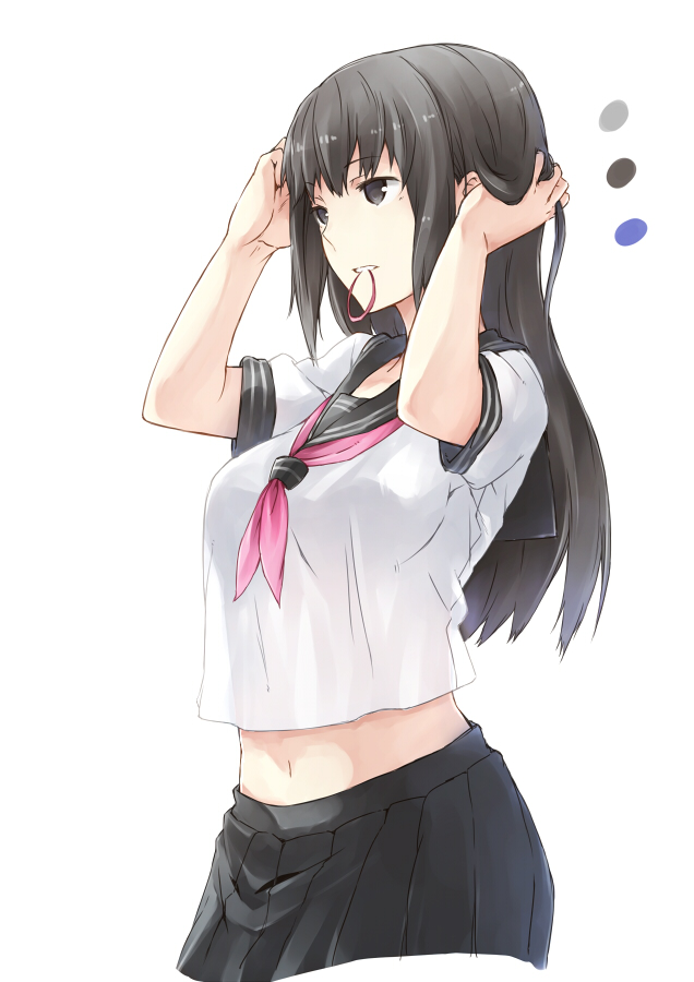 black_eyes black_hair breasts copyright_request crop_top crop_top_overhang long_hair medium_breasts midriff mouth_hold navel satsumi school_uniform serafuku simple_background skirt solo white_background