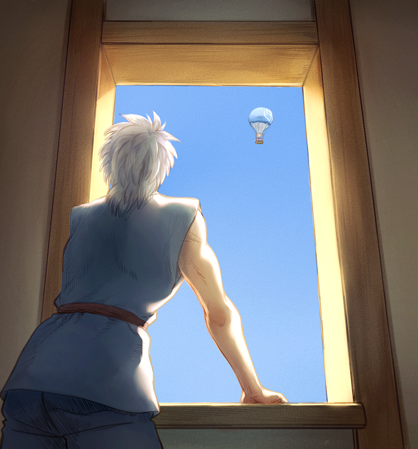 1boy aircraft arm_support b-saku bare_arms blue_shirt blue_sky cowboy_shot day dragon_quest dragon_quest_dai_no_daibouken facing_away from_behind from_below grey_hair holding holding_sword holding_weapon hot_air_balloon hyunkel indoors male_focus sash shirt short_hair sky sleeveless sleeveless_shirt solo sword toned toned_male weapon window