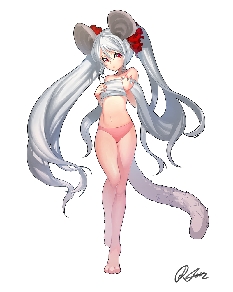 animal_ears bare_legs barefoot blade_&amp;_soul covering covering_chest flat_chest full_body hair_over_breasts hair_ribbon long_hair lyn_(blade_&amp;_soul) mouse_ears navel panties paws pink_panties red_eyes rheez ribbon signature silver_hair simple_background solo tail topless twintails underwear very_long_hair white_background