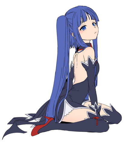 1girl angel_mort arm_between_legs bare_back bare_shoulders black_leotard black_sleeves blue_eyes blue_hair blunt_bangs bow closed_mouth creator_connection crossover detached_collar detached_sleeves expressionless flat_chest furudo_erika ganno high_heels higurashi_no_naku_koro_ni leotard long_hair lowres red_footwear ribbon showgirl_skirt sidelocks simple_background sitting solo strapless strapless_leotard thighhighs twintails umineko_no_naku_koro_ni very_long_hair white_background