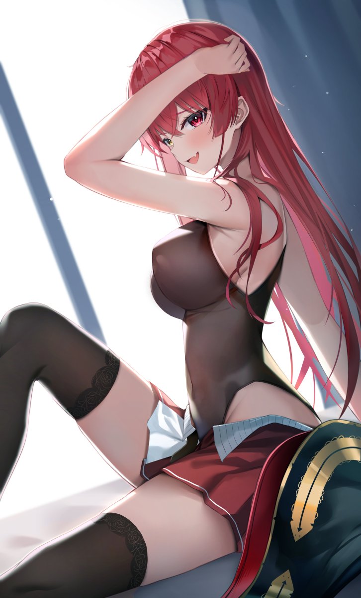 1girl arm_over_shoulder arm_support arm_up armpit_crease armpit_peek armpits black_headwear black_socks blush breasts covered_nipples dressing fang groin hair_between_eyes hair_down hand_on_own_head hat heterochromia highres hololive houshou_marine houshou_marine_(1st_costume) kneehighs large_breasts leg_up legs long_hair multicolored_clothes multicolored_skirt nipples on_bed open_clothes open_skirt pirate_hat pleated_skirt red_eyes red_hair red_skirt shuvi_(shuvi1125) sitting skin_fang skirt smile socks solo sunlight thighs virtual_youtuber window window_blinds yellow_eyes