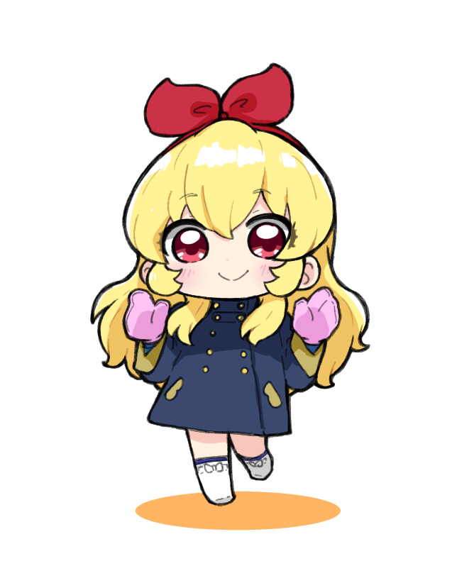 1girl aikatsu! aikatsu!_(series) blonde_hair blue_coat blush boots chibi closed_mouth coat colored_shadow commentary full_body hair_between_eyes hair_ribbon hairband hoshimiya_ichigo knee_boots long_hair long_sleeves mittens nozo_(hitomiz) pink_mittens red_eyes red_hairband red_ribbon ribbon shadow simple_background smile solo standing standing_on_one_leg symbol-only_commentary very_long_hair white_background white_footwear