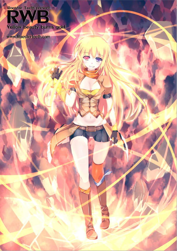 blonde_hair boots breasts brown_footwear cleavage copyright_name fingerless_gloves gauntlets gloves heterochromia lao_meng long_hair medium_breasts midriff navel purple_eyes red_eyes rwby single_thighhigh solo thighhighs typo watermark web_address yang_xiao_long