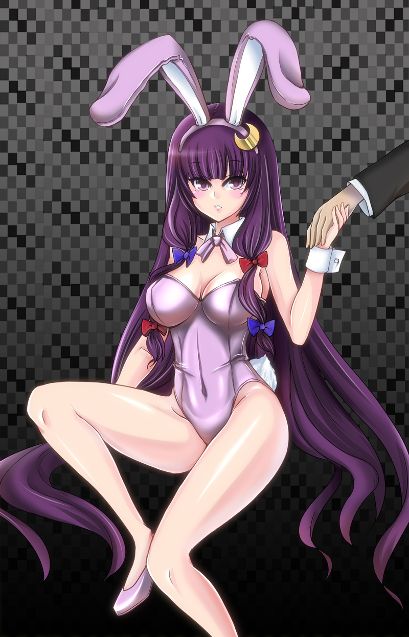 animal_ears bare_legs bow bowtie breasts bunny_ears bunny_tail bunnysuit cleavage crescent detached_collar highres holding_hands kashiru large_breasts long_hair patchouli_knowledge purple_eyes purple_hair tail touhou wrist_cuffs