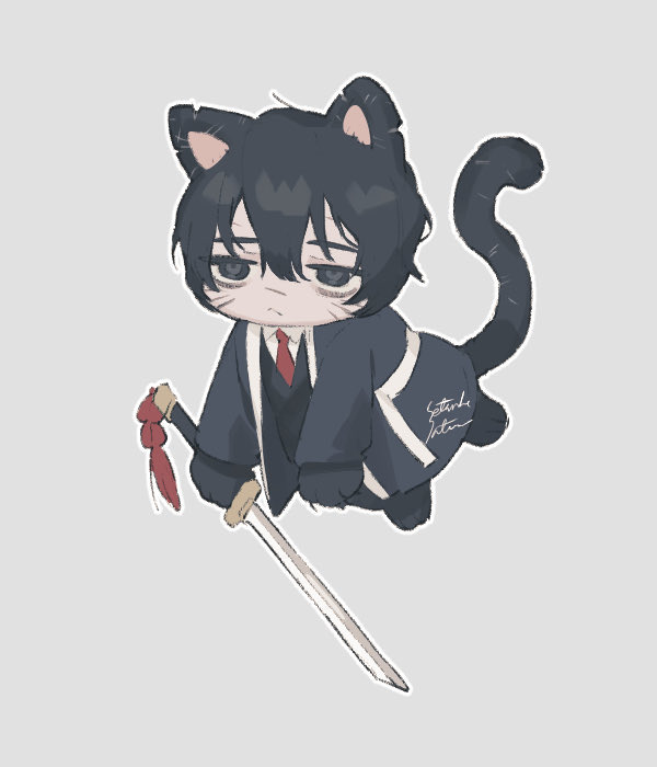 1boy animal_ears animal_hands black_eyes black_hair black_kimono black_vest cat_ears cat_tail chibi closed_mouth collared_shirt floating holding holding_sword holding_weapon japanese_clothes katana kimono limbus_company looking_to_the_side necktie open_clothes open_kimono project_moon red_necktie satome_setsuko shirt solo sword tail vest weapon white_shirt yi_sang_(project_moon)