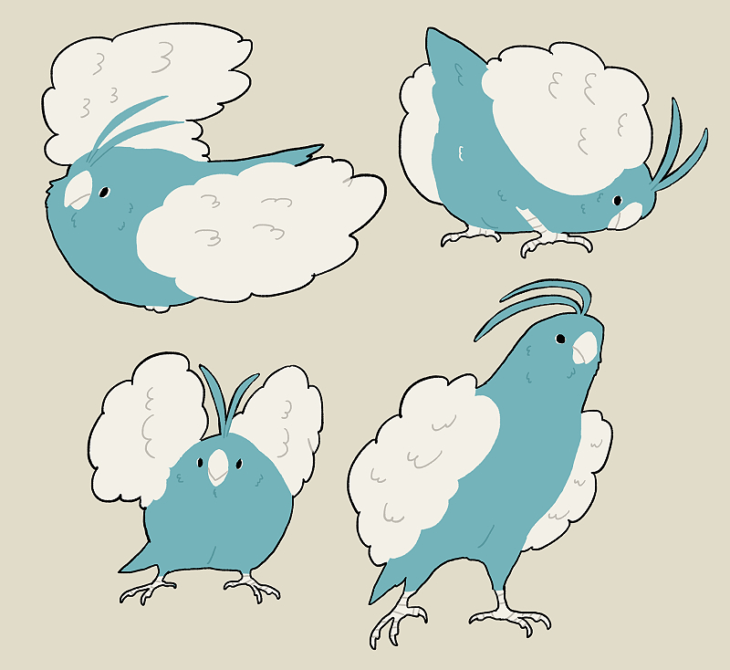 animal animal_focus bird blue_theme fluffy flying full_body grey_background inkoinko7 looking_at_viewer looking_to_the_side multiple_views no_humans pokemon pokemon_(creature) simple_background standing swablu top-down_bottom-up