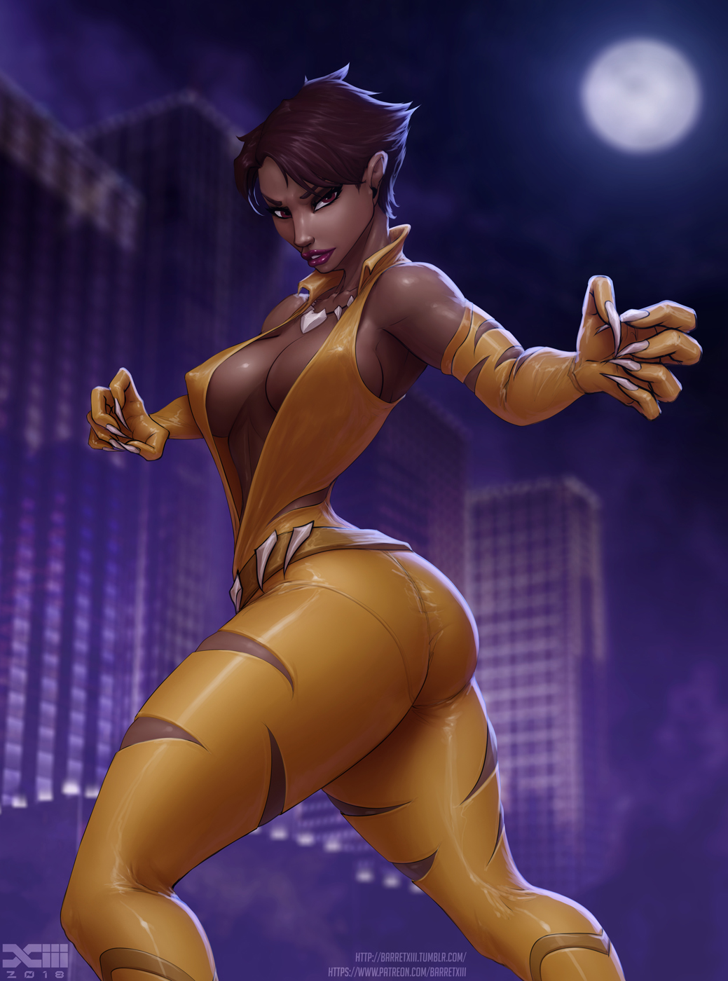 1girl ass bare_shoulders barretxiii belt blurry blurry_background bodysuit bone_necklace breasts brown_hair building cityscape claws cleavage covered_nipples dark-skinned_female dark_skin dated dc_comics depth_of_field elbow_gloves full_moon gloves highres initial jewelry large_breasts looking_at_viewer looking_back moon necklace night outdoors pantylines patreon_username red_eyes short_hair skin_tight skyscraper solo striped_clothes tumblr_username vixen_(dc) web_address yellow_belt yellow_bodysuit yellow_gloves