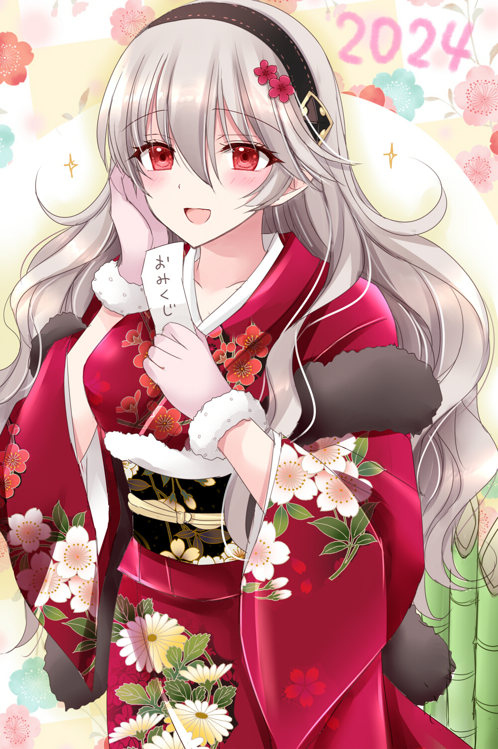 1girl 2024 :d bamboo black_hairband blue_flower breasts collarbone corrin_(female)_(fire_emblem) corrin_(fire_emblem) fire_emblem fire_emblem_fates floral_print flower fur-trimmed_gloves fur_trim gloves hair_flower hair_ornament hairband hands_up highres japanese_clothes kimono kirishima_riona long_sleeves looking_at_viewer medium_breasts obi pink_flower pink_gloves print_kimono red_flower red_kimono sash smile solo wide_sleeves