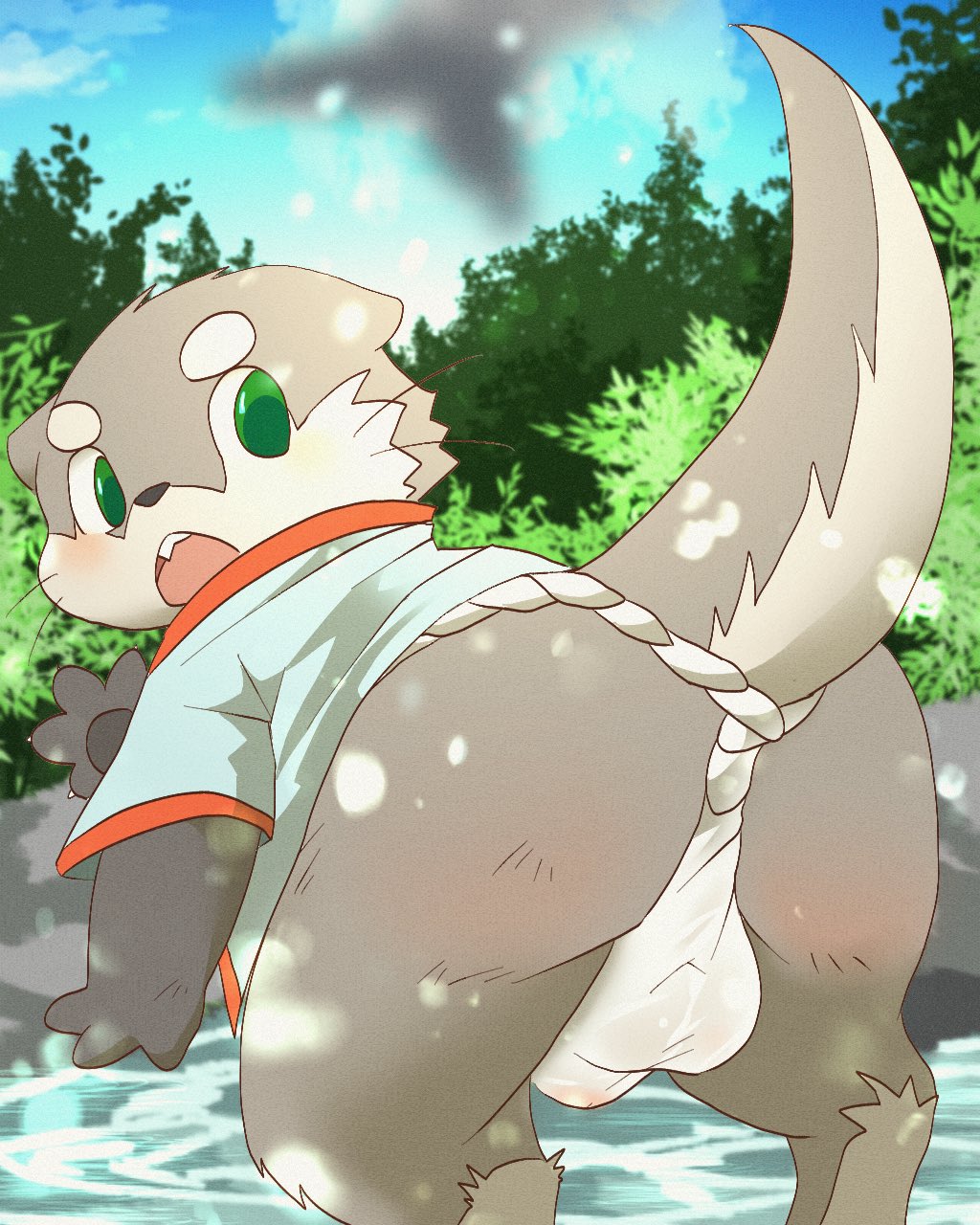 anthro asian_clothing backsack balls bent_over blush brown_body brown_fur bulge butt clothing east_asian_clothing eyebrows forest fundoshi fur genitals green_eyes hi_res japanese_clothing kemono looking_back male mammal mustelid nagipon01 otter plant river solo thick_eyebrows translucent translucent_clothing tree underwear wet wet_clothing