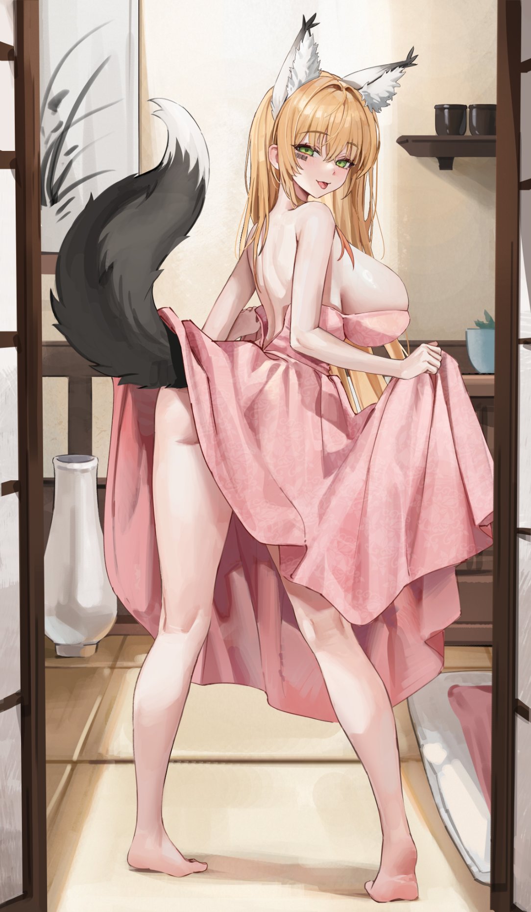 1girl animal_ear_fluff animal_ears architecture back barefoot bed_sheet blonde_hair breasts cleavage collarbone commentary commission dress east_asian_architecture feet fox_ears fox_tail from_behind full_body gompang_11 hair_intakes highres huge_breasts kneepits long_hair looking_at_viewer looking_back open_mouth original pink_dress skindentation skirt_hold smile solo standing strapless strapless_dress tail tail_raised toes vase yellow_eyes