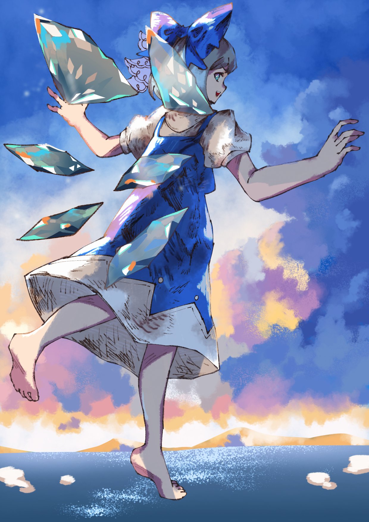 1girl :d aojirozame1228 aqua_eyes bare_legs barefoot blue_bow blue_dress bow cirno detached_wings dress flying full_body hair_bow highres ice ice_wings looking_at_viewer looking_back mountainous_horizon multicolored_sky ocean open_hands open_mouth outdoors outstretched_arms profile puffy_short_sleeves puffy_sleeves shirt short_sleeves sky smile soles solo teeth touhou upper_teeth_only white_shirt wings