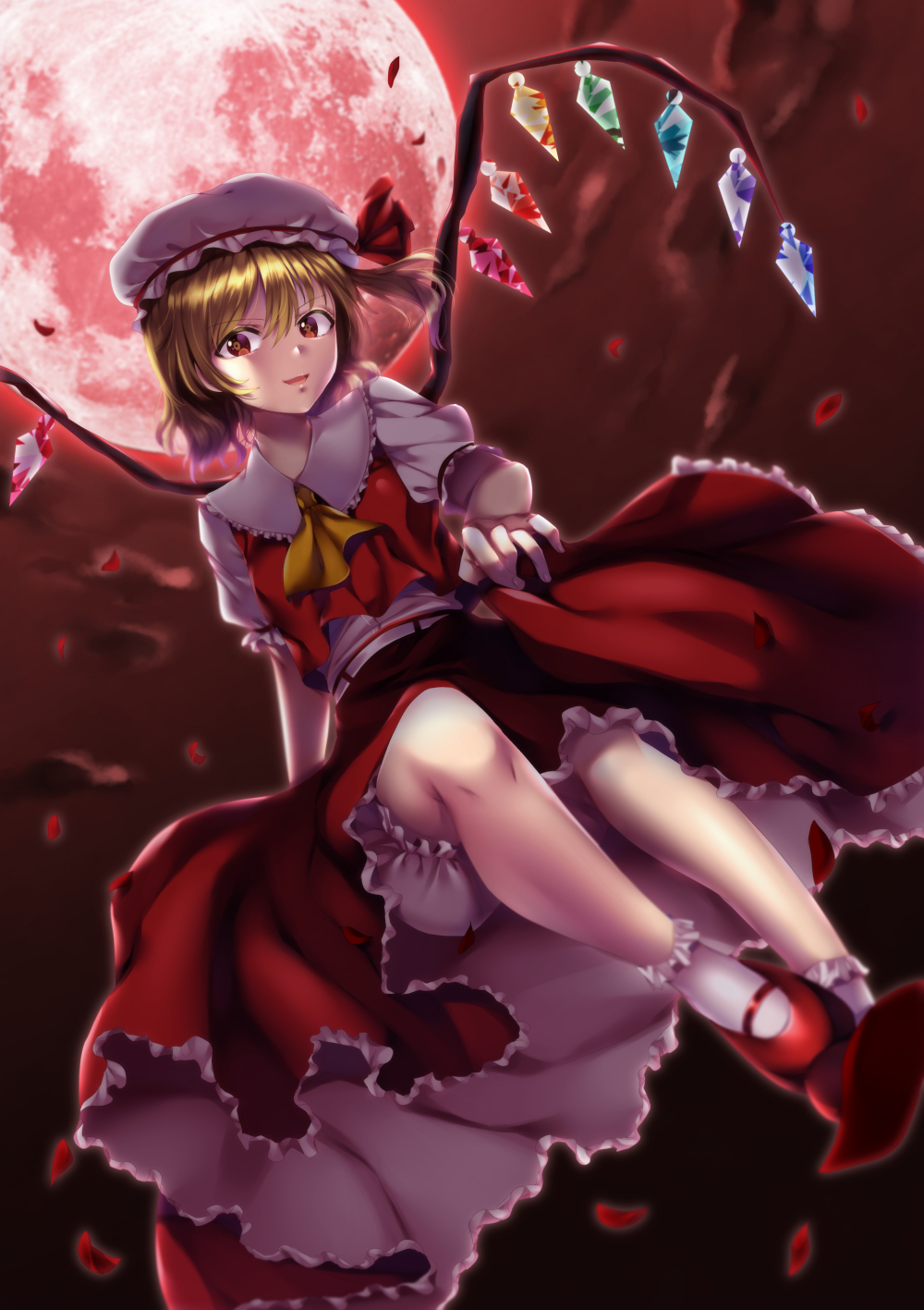 1girl ascot blonde_hair bloomers bobby_socks cloud cloudy_sky collared_shirt crystal darkmiso flandre_scarlet full_body hat hat_ribbon highres looking_at_viewer mary_janes moon multicolored_wings open_mouth outdoors puffy_sleeves red_eyes red_footwear red_moon red_petals red_ribbon red_skirt red_sky red_vest ribbon shirt shoes skirt sky sleeve_ribbon socks solo touhou vest white_bloomers white_headwear white_socks wings yellow_ascot