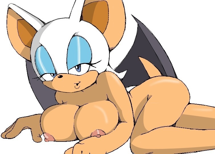 1girl animal_ears apostle areolae ass blue_eyes breasts furry large_breasts lying makeup naughty_face nipples nude oekaki rouge_the_bat sega sonic_the_hedgehog tail wings