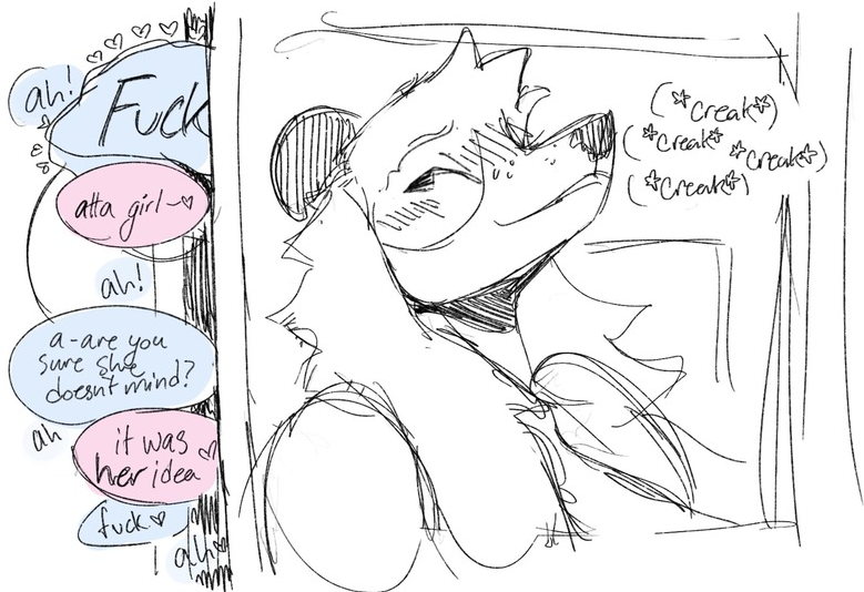 anthro beejamas blush canid canine canis consensual_cuckold cuckold cuckquean dialogue digital_media_(artwork) domestic_dog english_text listening mammal onomatopoeia smile solo_focus sound_effects speech_bubble text