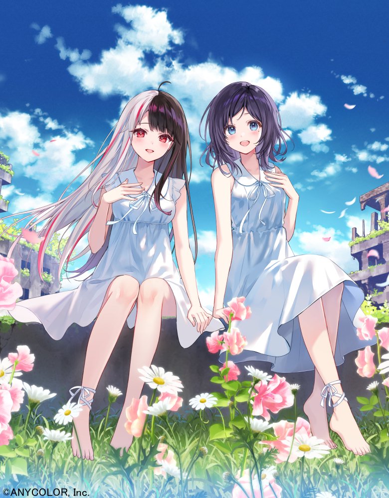 2girls ahoge aiba_uiha ankle_ribbon asymmetrical_hair barefoot black_hair blue_eyes blue_hair blue_sky blunt_bangs breasts bright_pupils cloud cropped_legs dress field flower fukahire_(ruinon) grass hand_on_own_chest leg_ribbon long_hair looking_at_viewer medium_breasts medium_hair mole mole_under_eye multicolored_hair multiple_girls nijisanji official_art open_mouth parted_bangs pink_flower red_eyes red_hair ribbon ruins sidelocks sitting sky split-color_hair streaked_hair sundress white_dress white_flower white_hair white_pupils yorumi_rena