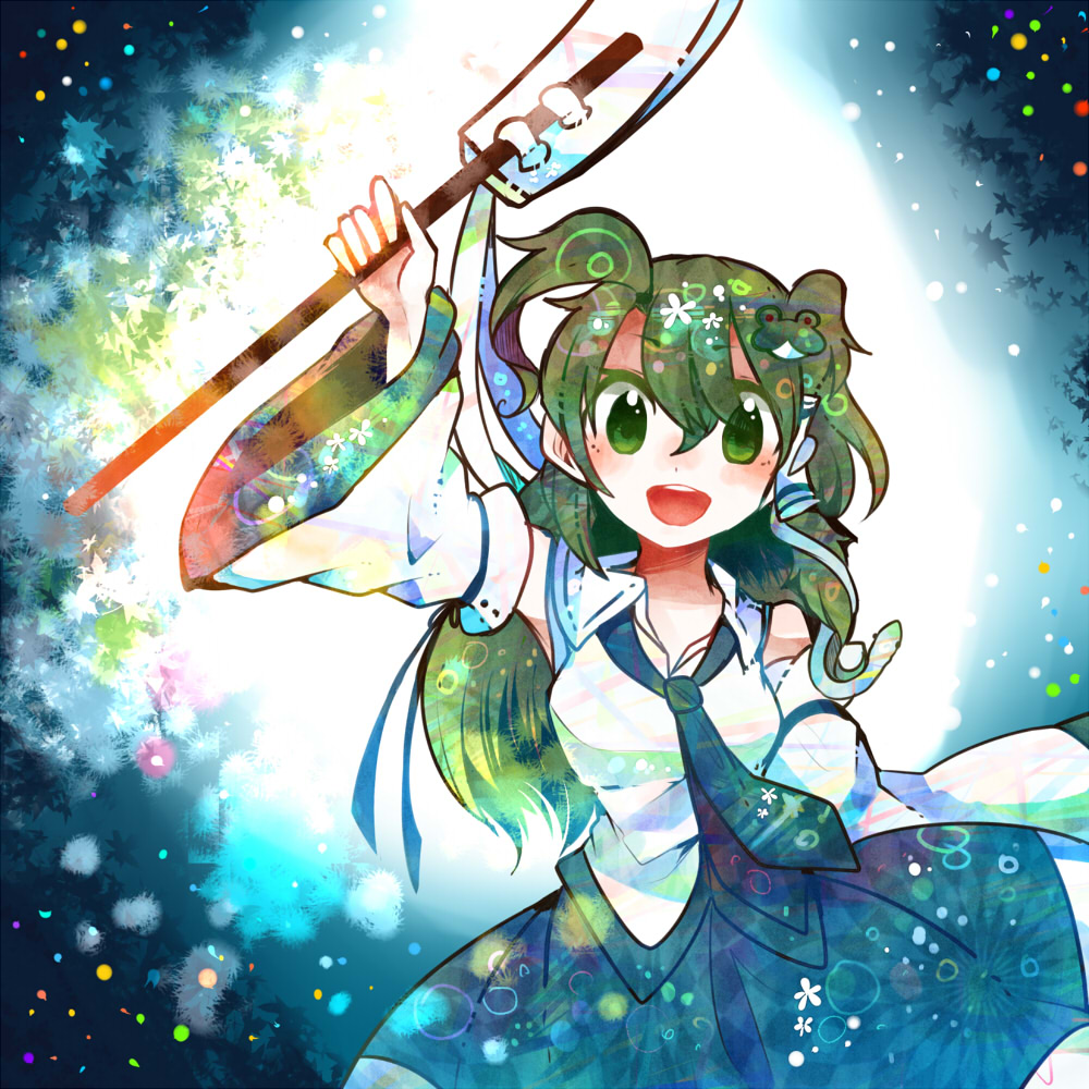 :d armpits bad_id bad_pixiv_id blush breasts detached_sleeves frog_hair_ornament gohei green_eyes green_hair hair_ornament happy itomugi-kun kochiya_sanae long_hair long_sleeves looking_at_viewer medium_breasts necktie open_mouth shirt skirt smile snake_hair_ornament solo touhou wide_sleeves